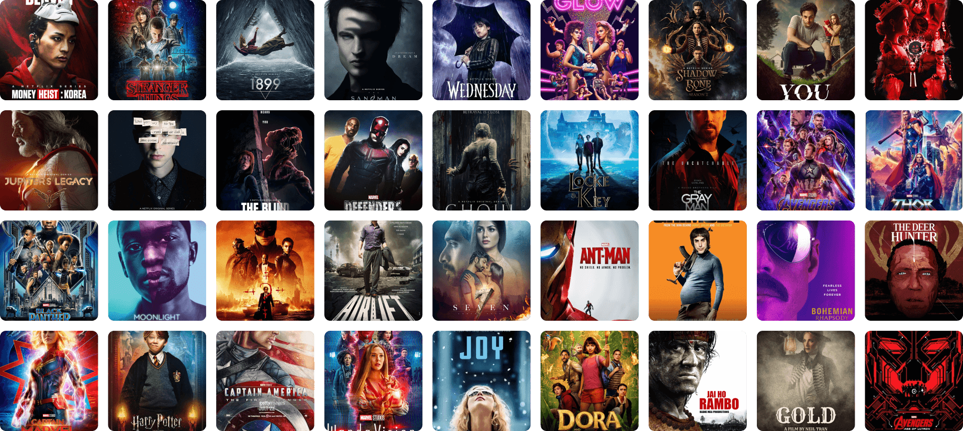Imagem com vários filmes e séries em quadrados.